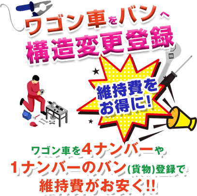 ワゴン車をバンへ構造変更登録 維持費をお得に! ワゴン車を4ナンバーや1ナンバーのバン(貨物)登録で維持費がお安く!!